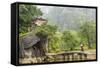 Woman Crossing Bridge with Bicycle to Temple, Tam Coc Nr Ninh Binh, Nr Hanoi, Vietnam-Peter Adams-Framed Stretched Canvas