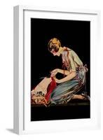 Woman Cuts a Dress Patter with Her Scissors-null-Framed Art Print