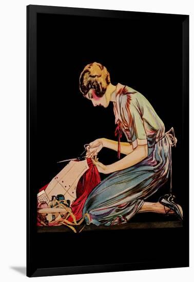 Woman Cuts a Dress Patter with Her Scissors-null-Framed Art Print