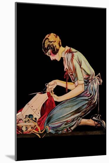 Woman Cuts a Dress Patter with Her Scissors-null-Mounted Art Print