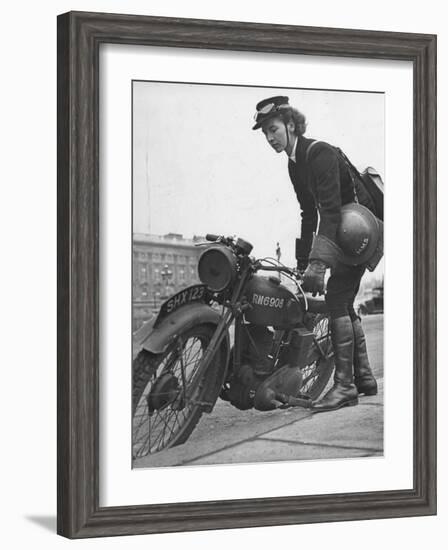 Woman Dispatch Rider Standing Beside Her Motorcycle-Hans Wild-Framed Photographic Print