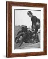 Woman Dispatch Rider Standing Beside Her Motorcycle-Hans Wild-Framed Photographic Print