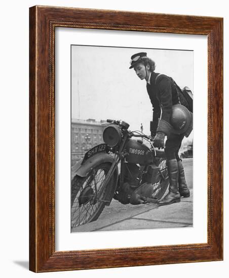 Woman Dispatch Rider Standing Beside Her Motorcycle-Hans Wild-Framed Photographic Print