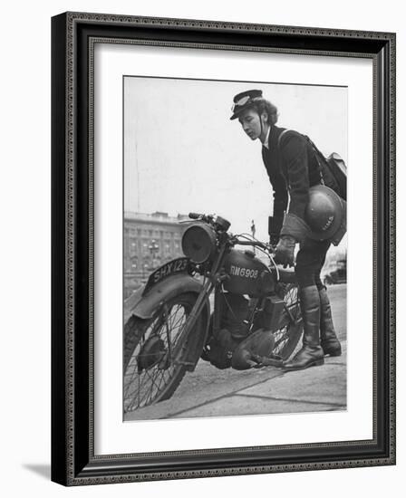 Woman Dispatch Rider Standing Beside Her Motorcycle-Hans Wild-Framed Photographic Print