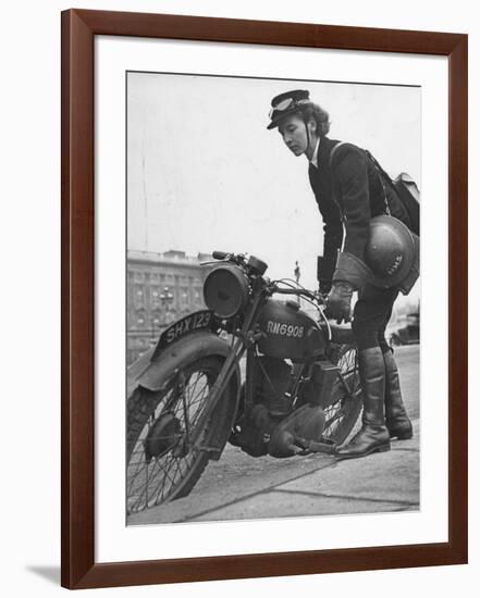 Woman Dispatch Rider Standing Beside Her Motorcycle-Hans Wild-Framed Photographic Print