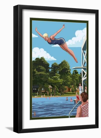 Woman Diving and Lake-Lantern Press-Framed Art Print