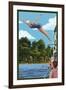 Woman Diving and Lake-Lantern Press-Framed Art Print