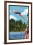 Woman Diving and Lake-Lantern Press-Framed Art Print