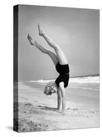 Woman Does Handstand on the Beach (B&W)-Hulton Archive-Stretched Canvas