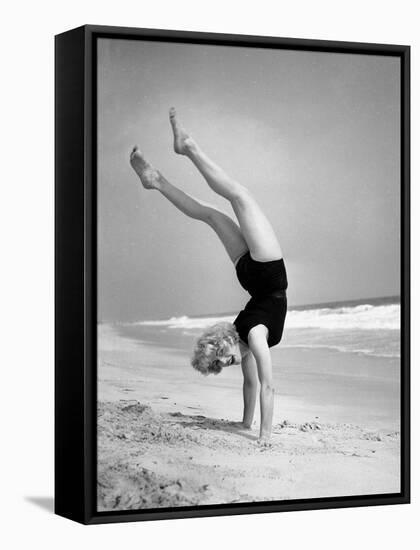 Woman Does Handstand on the Beach (B&W)-Hulton Archive-Framed Stretched Canvas