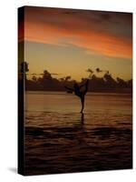 Woman Doing Yoga in Water at Sunset, Tahiti-Barry Winiker-Stretched Canvas