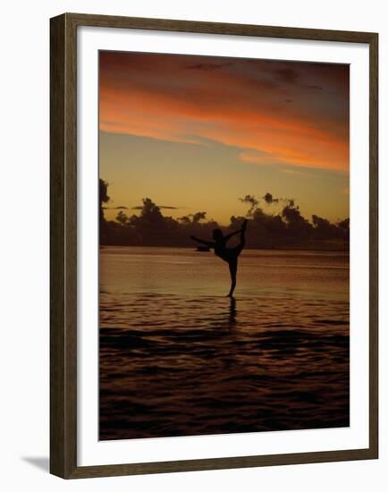 Woman Doing Yoga in Water at Sunset, Tahiti-Barry Winiker-Framed Premium Photographic Print