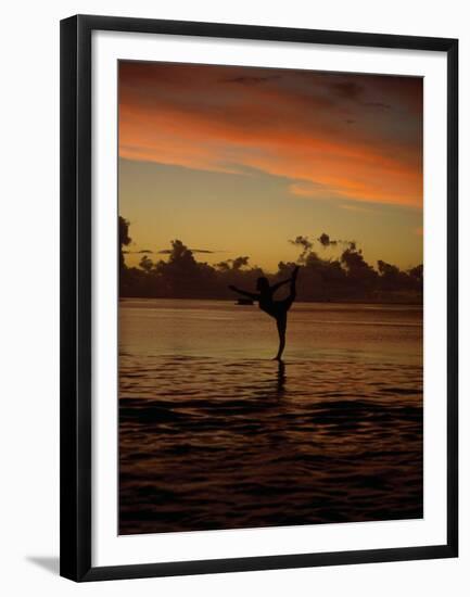 Woman Doing Yoga in Water at Sunset, Tahiti-Barry Winiker-Framed Premium Photographic Print