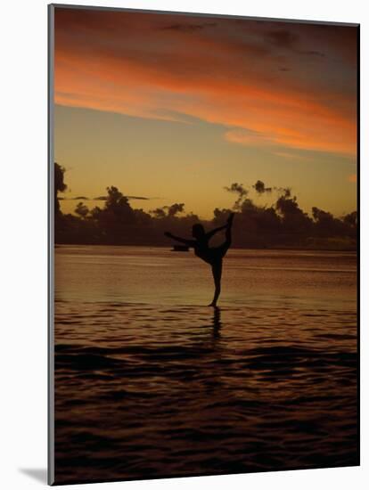 Woman Doing Yoga in Water at Sunset, Tahiti-Barry Winiker-Mounted Photographic Print