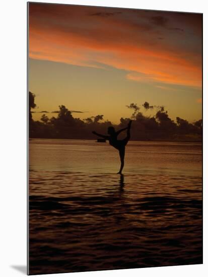 Woman Doing Yoga in Water at Sunset, Tahiti-Barry Winiker-Mounted Photographic Print