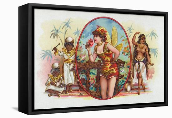 Woman Dressed as a Fairy Smelling a Rose with Islanders Cigar Box Label-Lantern Press-Framed Stretched Canvas