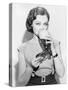 Woman Drinking Beer Out of a Boot Shaped Glass-null-Stretched Canvas