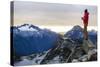 Woman Drinks Her Coffee On Top Of A Mountain In The Morning Looking Out Into The Cascade Mts In WA-Hannah Dewey-Stretched Canvas