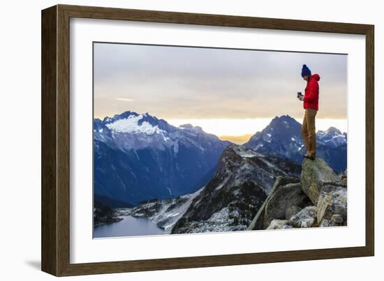 Woman Drinks Her Morning Coffee On Top Of A Mountain In The North Cascades-Hannah Dewey-Framed Photographic Print