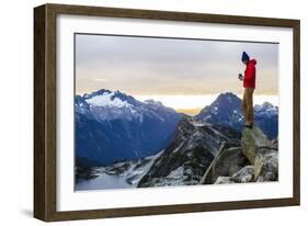 Woman Drinks Her Morning Coffee On Top Of A Mountain In The North Cascades-Hannah Dewey-Framed Photographic Print