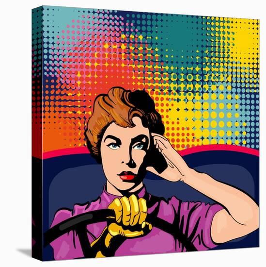 Woman Driving a Car Pop Art Vector Illustration-intueri-Stretched Canvas