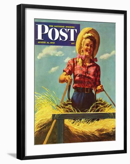 "Woman Driving Hay Wagon," Saturday Evening Post Cover, August 14, 1943-Ray Prohaska-Framed Giclee Print