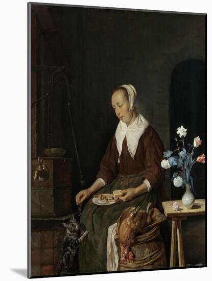 Woman Eating, known as the Cats Breakfast-Gabriel Metsu-Mounted Art Print