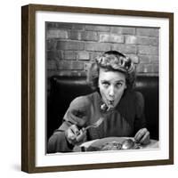 Woman Eating Spaghetti in Restaurant. No.5 of Sequence of 6-Alfred Eisenstaedt-Framed Photographic Print