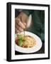 Woman Eating Spaghetti with Tomatoes, Parmesan and Basil-null-Framed Photographic Print