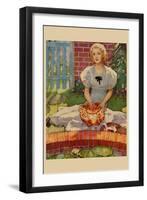 Woman Embroiders by the Side of a Home Pond-Home Arts-Framed Art Print