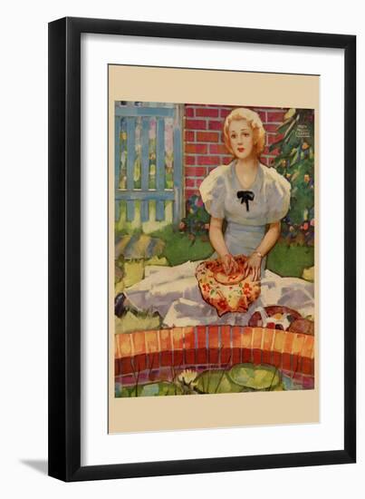 Woman Embroiders by the Side of a Home Pond-Home Arts-Framed Art Print