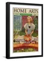 Woman Embroiders By The Side of a Home Pond-null-Framed Art Print