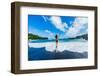 Woman enjoying the sun on one of Maui's black sand beaches, Maui, Hawaii-Laura Grier-Framed Photographic Print