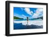 Woman enjoying the sun on one of Maui's black sand beaches, Maui, Hawaii-Laura Grier-Framed Photographic Print