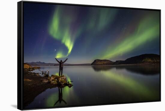 Woman Enjoying the View of the Northern Lights, at Lake Thingvellir, Iceland-null-Framed Stretched Canvas