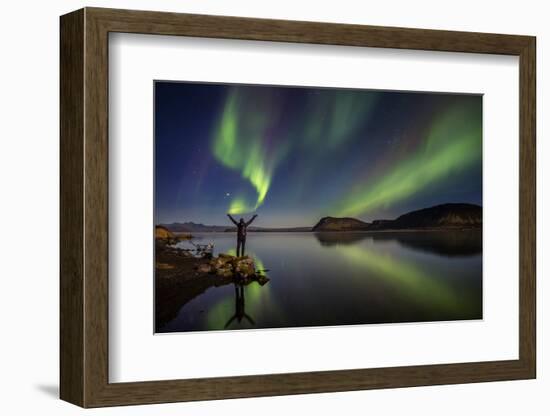 Woman Enjoying the View of the Northern Lights, at Lake Thingvellir, Iceland-null-Framed Photographic Print