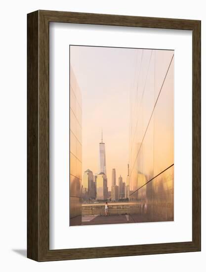 Woman enjoying the view to Manhattan from Empty skies 9/11 memorial in Liberty state park, New York-Jordan Banks-Framed Photographic Print