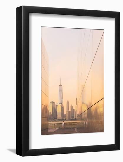 Woman enjoying the view to Manhattan from Empty skies 9/11 memorial in Liberty state park, New York-Jordan Banks-Framed Photographic Print