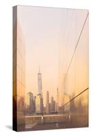 Woman enjoying the view to Manhattan from Empty skies 9/11 memorial in Liberty state park, New York-Jordan Banks-Stretched Canvas