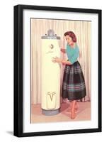 Woman Eying Water Heater, Retro-null-Framed Art Print