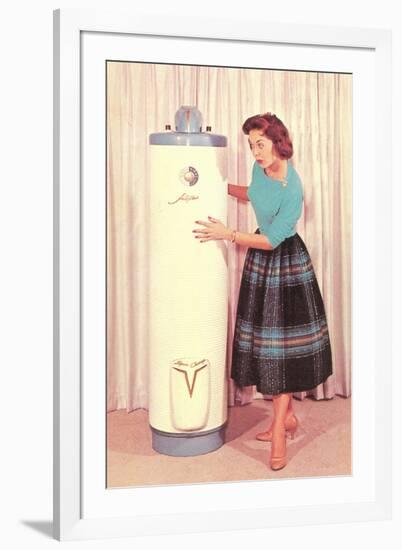 Woman Eying Water Heater, Retro-null-Framed Art Print