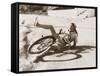 Woman Falling Off Her Bicycle on Side of Road-null-Framed Stretched Canvas