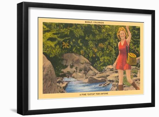 Woman Fishing, Basalt-null-Framed Art Print