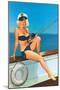 Woman Fishing in Bikini and Captain's Hat-null-Mounted Art Print
