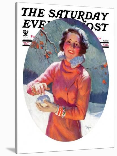 "Woman Forming a Snowball," Saturday Evening Post Cover, February 10, 1934-Frederic Mizen-Stretched Canvas