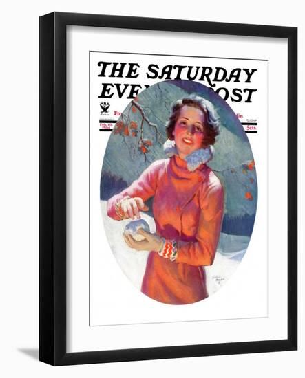 "Woman Forming a Snowball," Saturday Evening Post Cover, February 10, 1934-Frederic Mizen-Framed Giclee Print