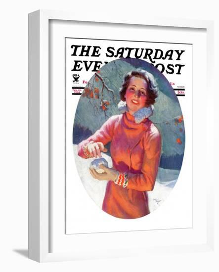 "Woman Forming a Snowball," Saturday Evening Post Cover, February 10, 1934-Frederic Mizen-Framed Giclee Print