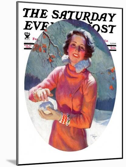 "Woman Forming a Snowball," Saturday Evening Post Cover, February 10, 1934-Frederic Mizen-Mounted Giclee Print