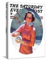 "Woman Forming a Snowball," Saturday Evening Post Cover, February 10, 1934-Frederic Mizen-Stretched Canvas