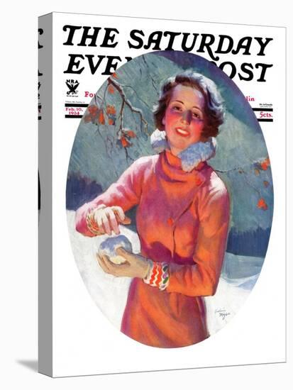 "Woman Forming a Snowball," Saturday Evening Post Cover, February 10, 1934-Frederic Mizen-Stretched Canvas